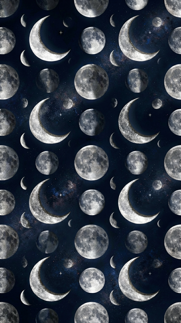 A celestial pattern featuring waxing and waning crescent moons rendered in shimmering silver against deep midnight blue tones, evoking mystery and quiet cosmic elegance.